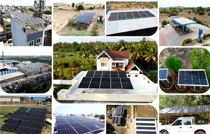 A collection of images featuring different solar panels, emphasizing solar energy projects in Rajasthan.