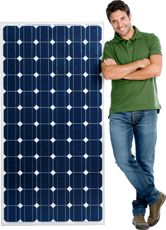 A man is positioned next to a solar panel in Jaipur, Rajasthan, emphasizing the benefits of solar energy in modern society.