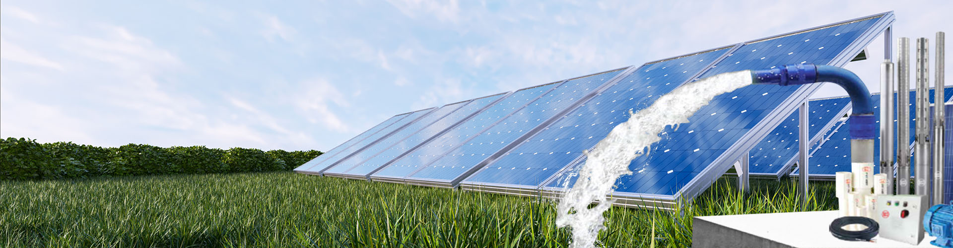 Solar water pump alongside solar panels in a field, emphasizing renewable energy practices in Jaipur, Rajasthan.